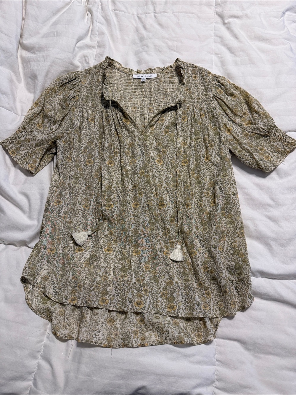 Rose & Olive - Olive Floral Smocked Tassel Tunic Short Sleeve Top - Medium